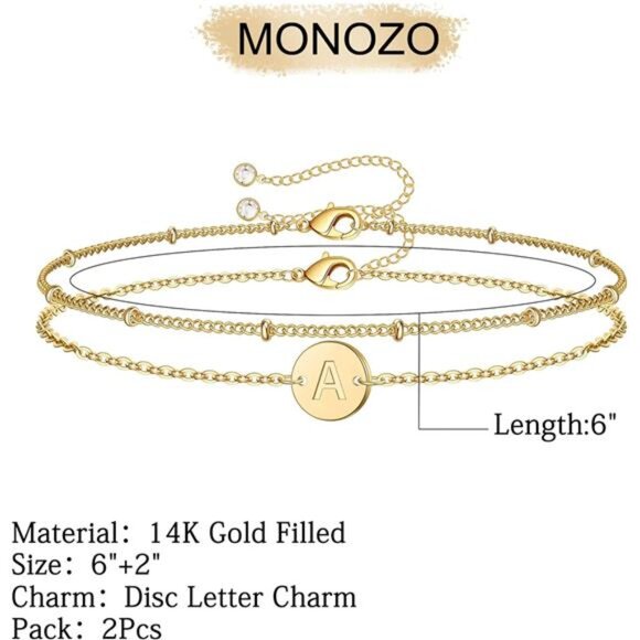 Gold Initial Bracelet for Women Layered Beaded Monogram Charm Jewelry Gift - Picture 2 of 7